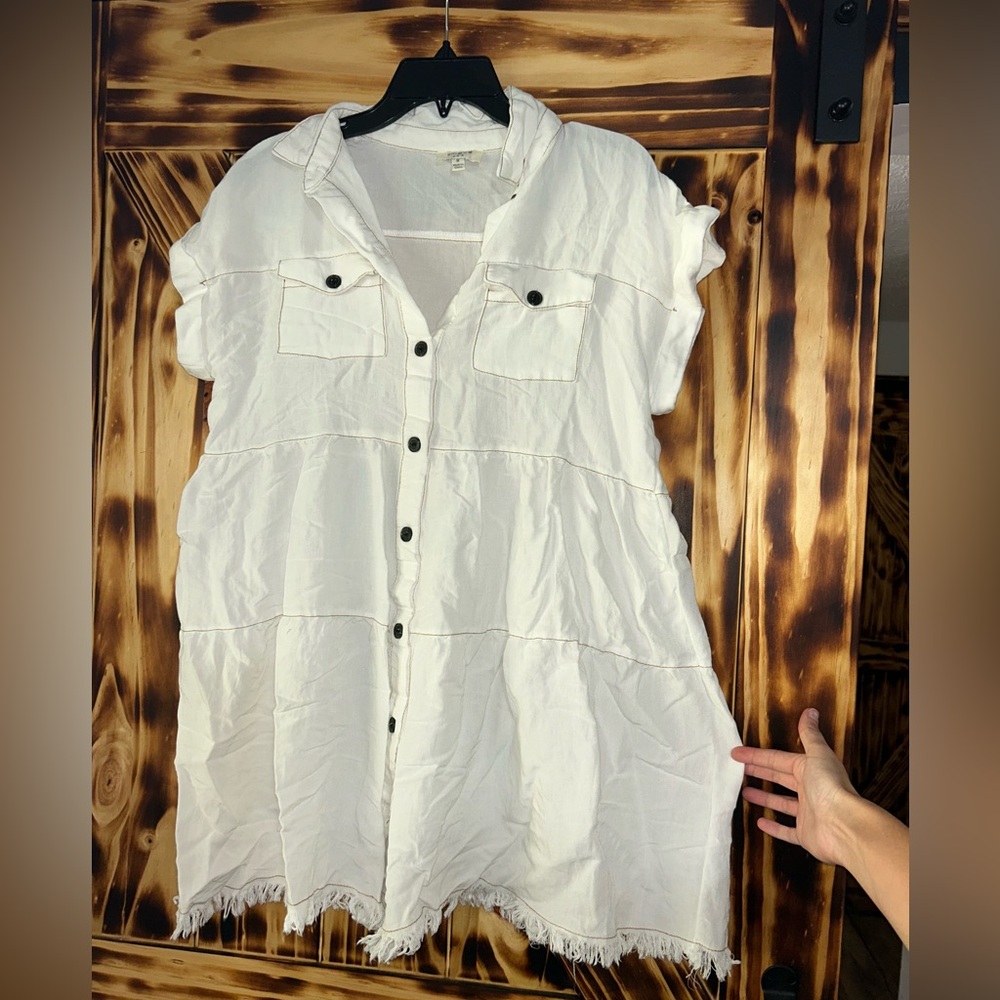 UMGEE Cream Button-Front Short Sleeve Mini Dress with Frayed Hem